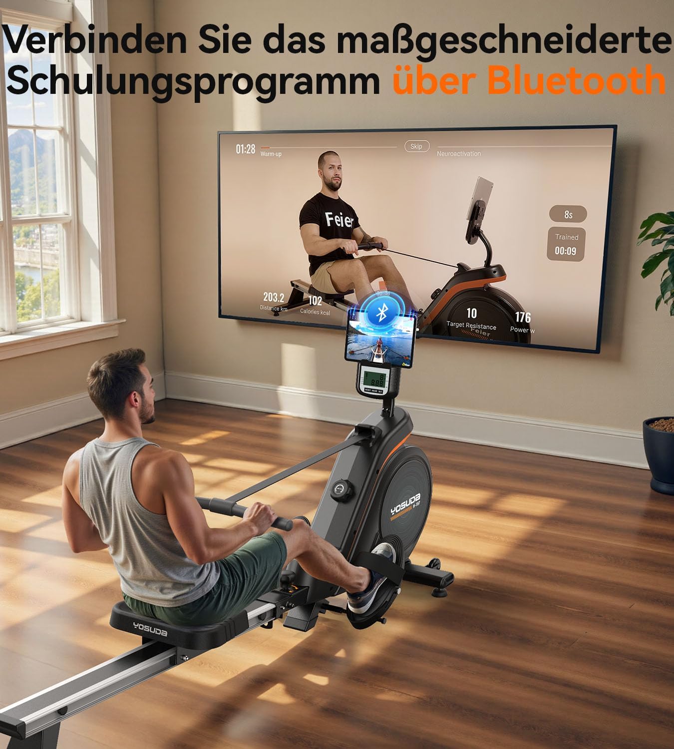 YOSUDA Upgrade Rudergerät für zu Hause, 16 dynamische Widerstände, für große bis zu 181 kg, ultraleiser Magnet, Komfortsitz, Bluetooth/App, Aluminiumschiene, Flaschenhalter, 90 % vormontiert, Rudergerät – Bild 8