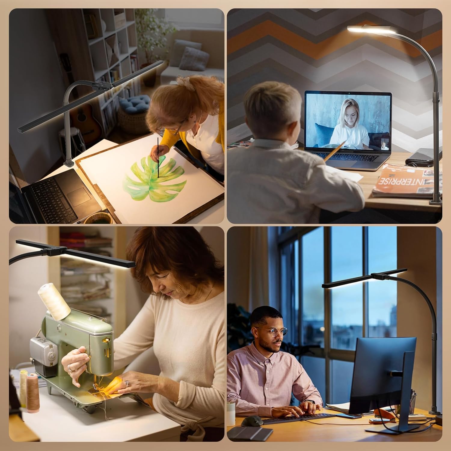 Doppelkopf Schreibtischlampe LED, 24W 76cm Schreibtischlampe Klemmbar für Home Office, 3200K-6500K Schwanenhals Büro Tischlampe Augenschutz Arbeitsplatzleuchte Monitorlampe PC Lampe (Schwarz) – Bild 8