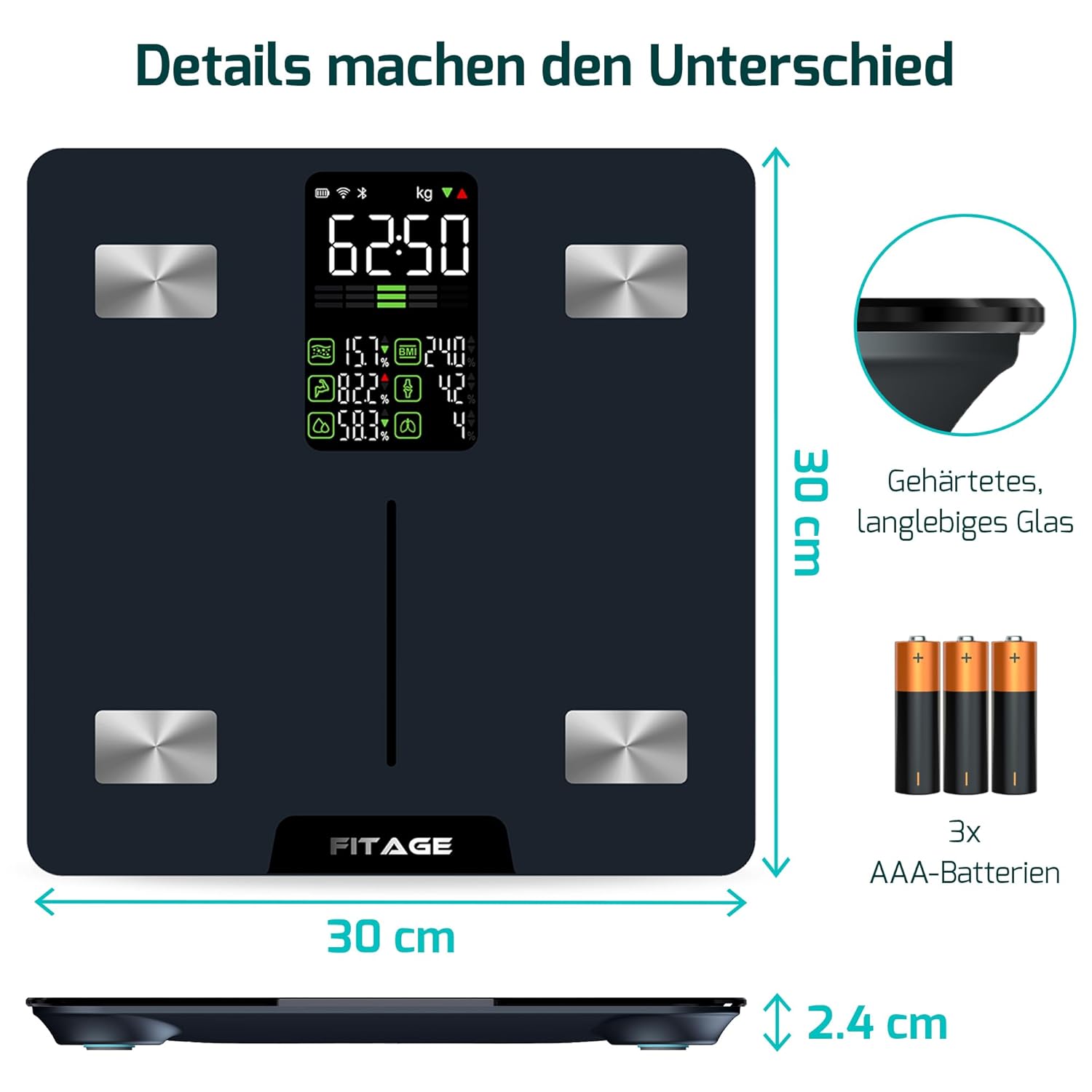 Persönliche Digitalwaage, bis 225 kg, Körperfettwaage mit 17 Körpermaßen, Körperanalyse mit App, Waage mit Körperfett und Muskelmasse mit großem LED-Display, Schwarz – Bild 6