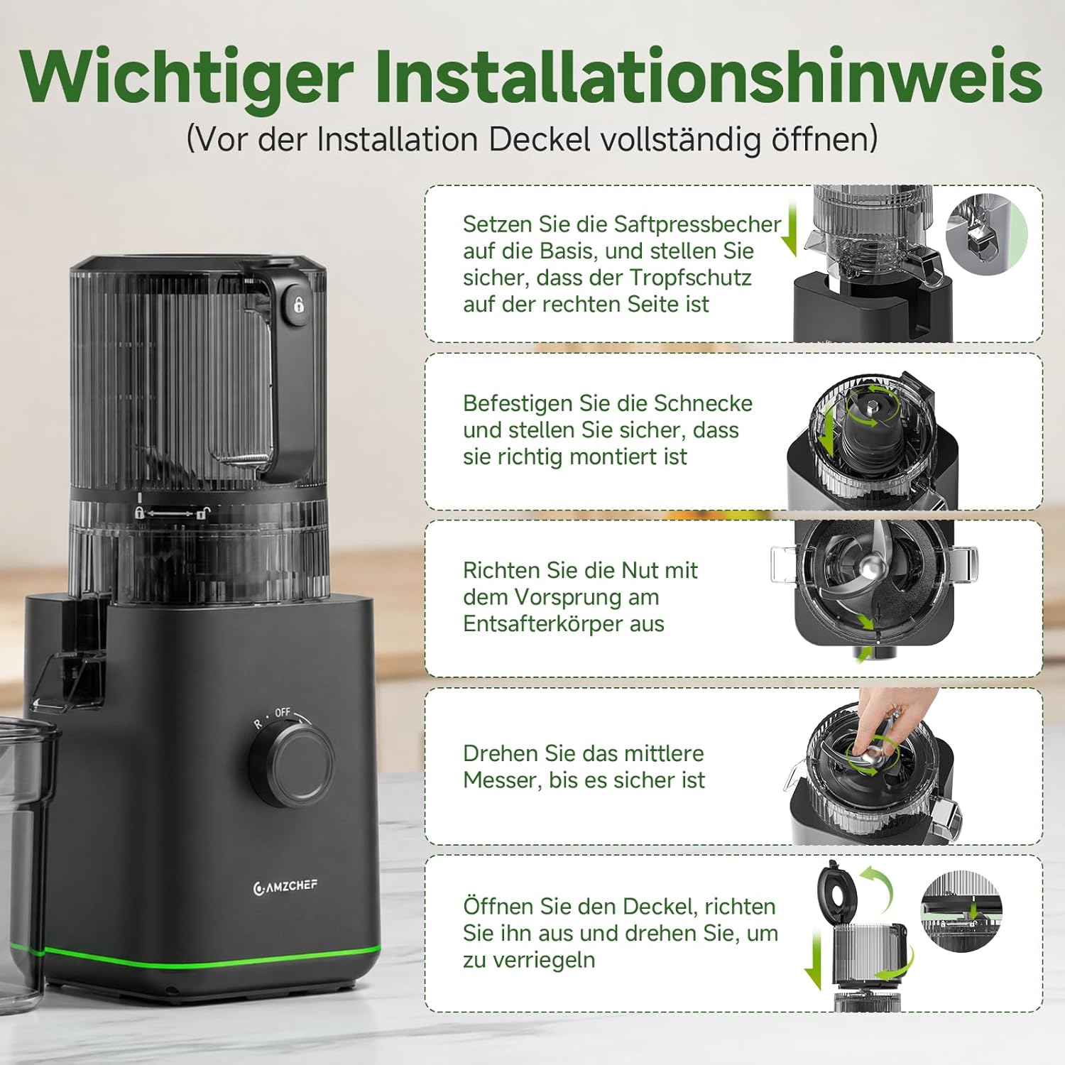 AMZCHEF Slow Juicer Kaltpress-Entsafter für Obst & Gemüse, 160 mm XXL-Einfüllöffnung für ganze Früchte, 2,5 l Behälter, 2 Filter für Saft und Sorbet, leise und leicht zu reinigen, schwarz – Bild 10