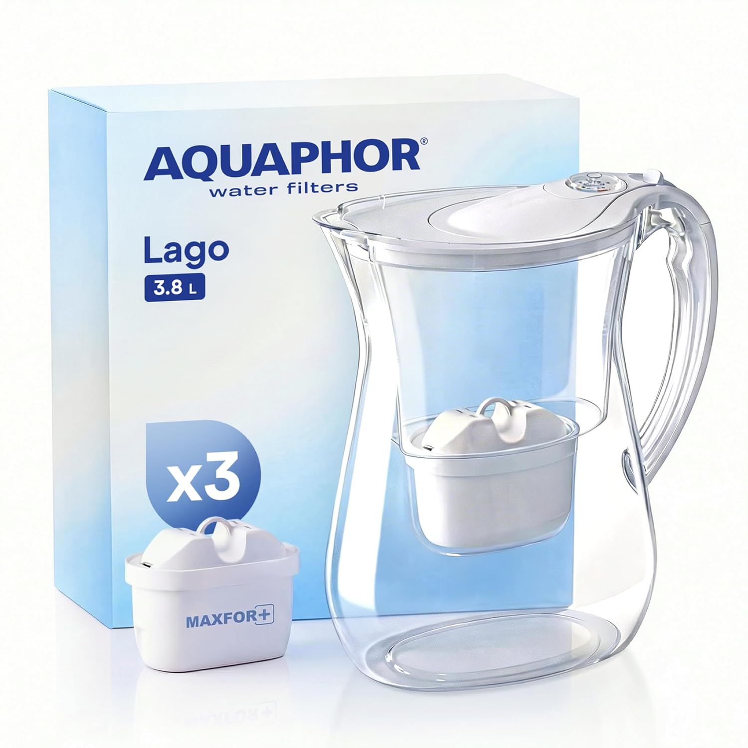 AQUAPHOR Lago Wasserfilterkanne 3,8 l mit 3 x Maxfor+ Kartusche, weiß