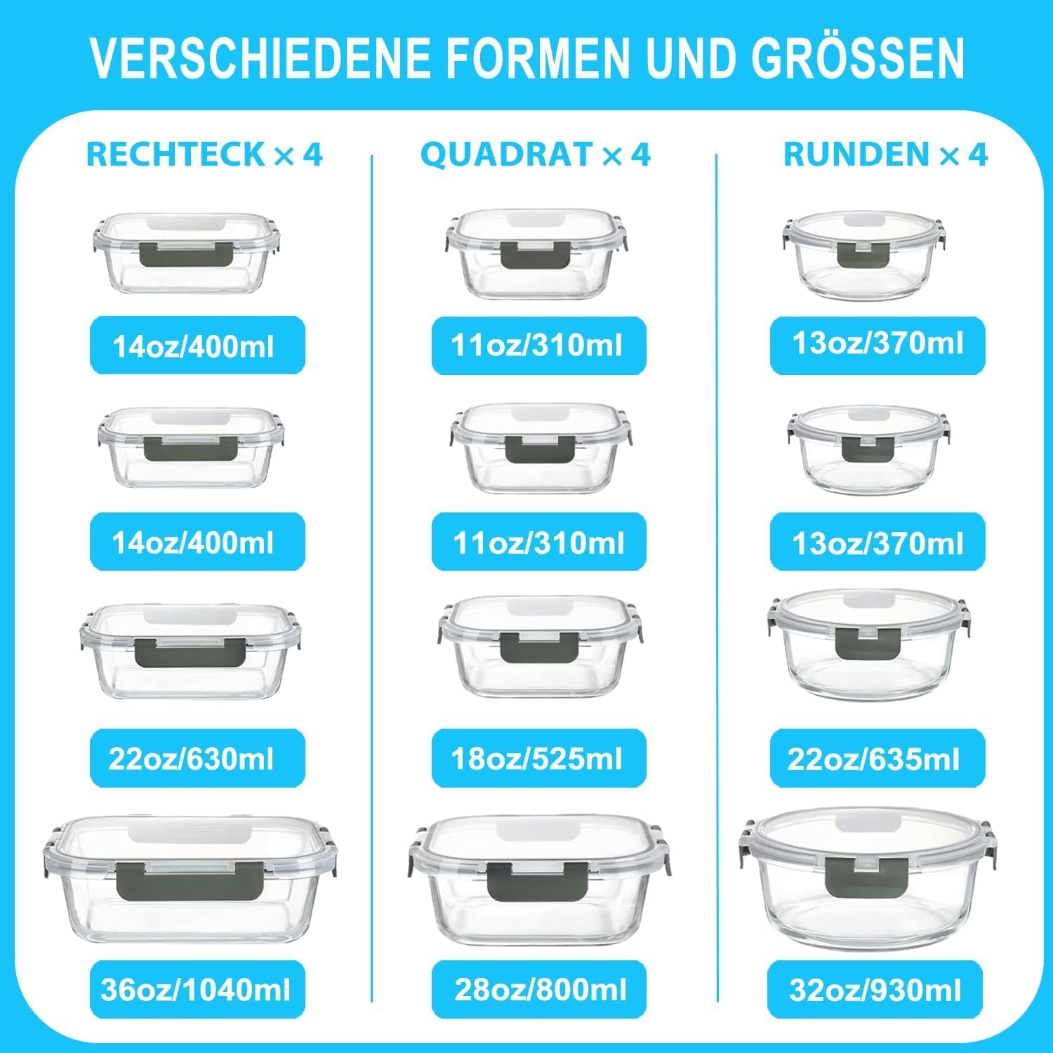 KUMD 24 Teile (12 Sets) Glas-Frischhaltedosen Set für Lebensmittel – undichtungsfrei für Meal Prep & Lunch, Ofen/Mikrowelle/Gefrierfach/Spülmaschine, LFGB-zertifiziert & BPA-frei – Bild 5