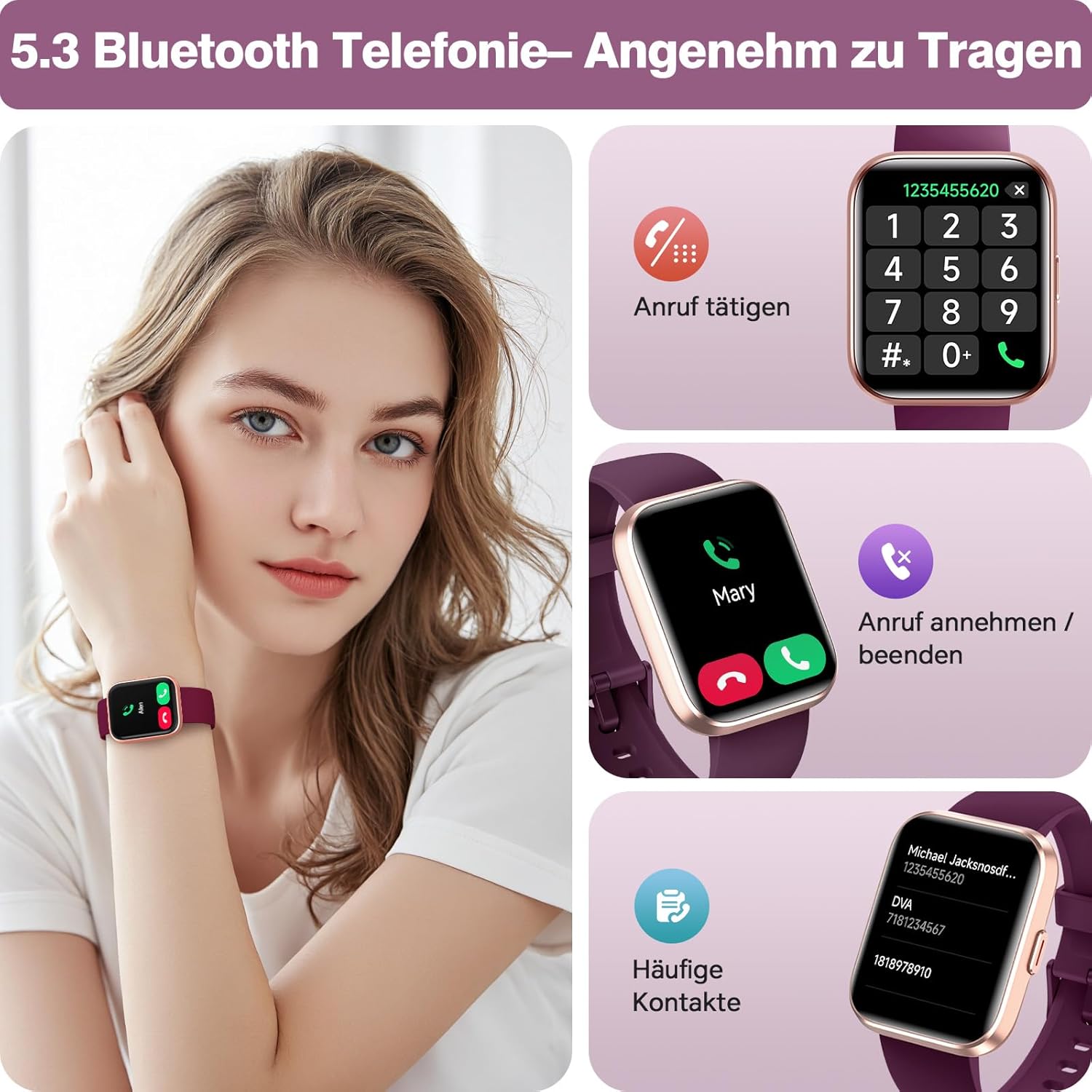 Damen Smartwatch mit Telefonfunktion, 1,85 Zoll HD Fitness Tracker mit Herzfrequenz SpO2 Schlafmonitor Schrittzähler Fitnessuhr Damen 120+ Sportmodi 3ATM wasserdichte Smartwatch für Samsung iOS Android – Bild 2