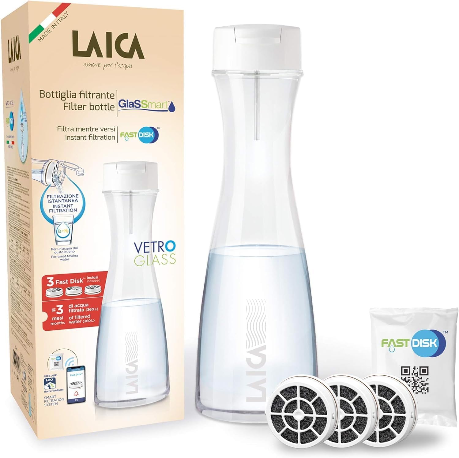 Laica Bk31A Glassmart Glasfilterflasche, 3 schnelle Scheibenfilter im Lieferumfang enthalten, 360 Liter sofort gefiltertes Wasser, weiß/klar, 13,8 x 13,8 x 38,8 cm, 1,06 kg