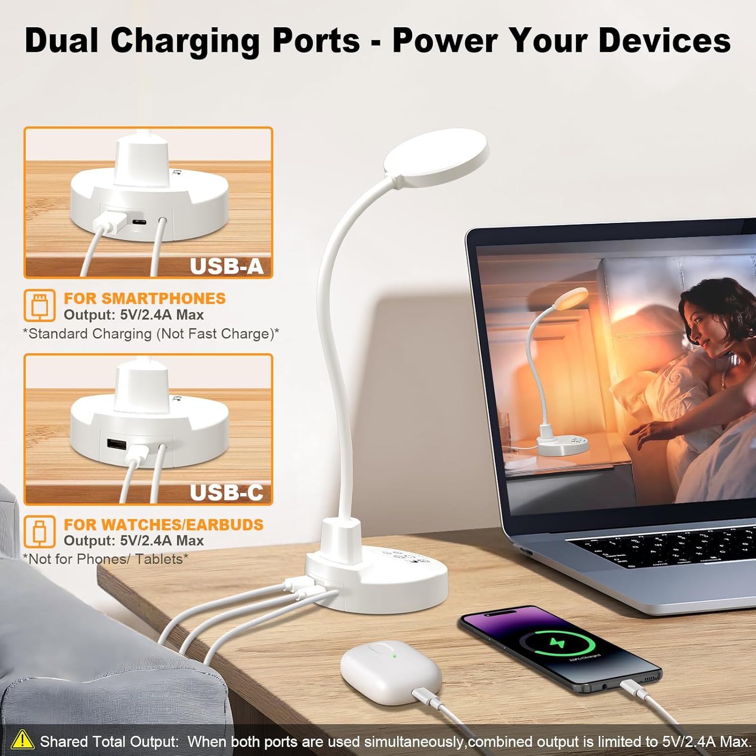 15 W LED-Schreibtischlampe mit USB-A & USB-C – Dimmbar, 3 Farbtemperaturen, 5 Helligkeitsstufen, 4 Timer, flexibler 360°-Schwanenhals, augenfreundlich, Tischlampe für Büro & Schlafzimmer – Weiß – Bild 4