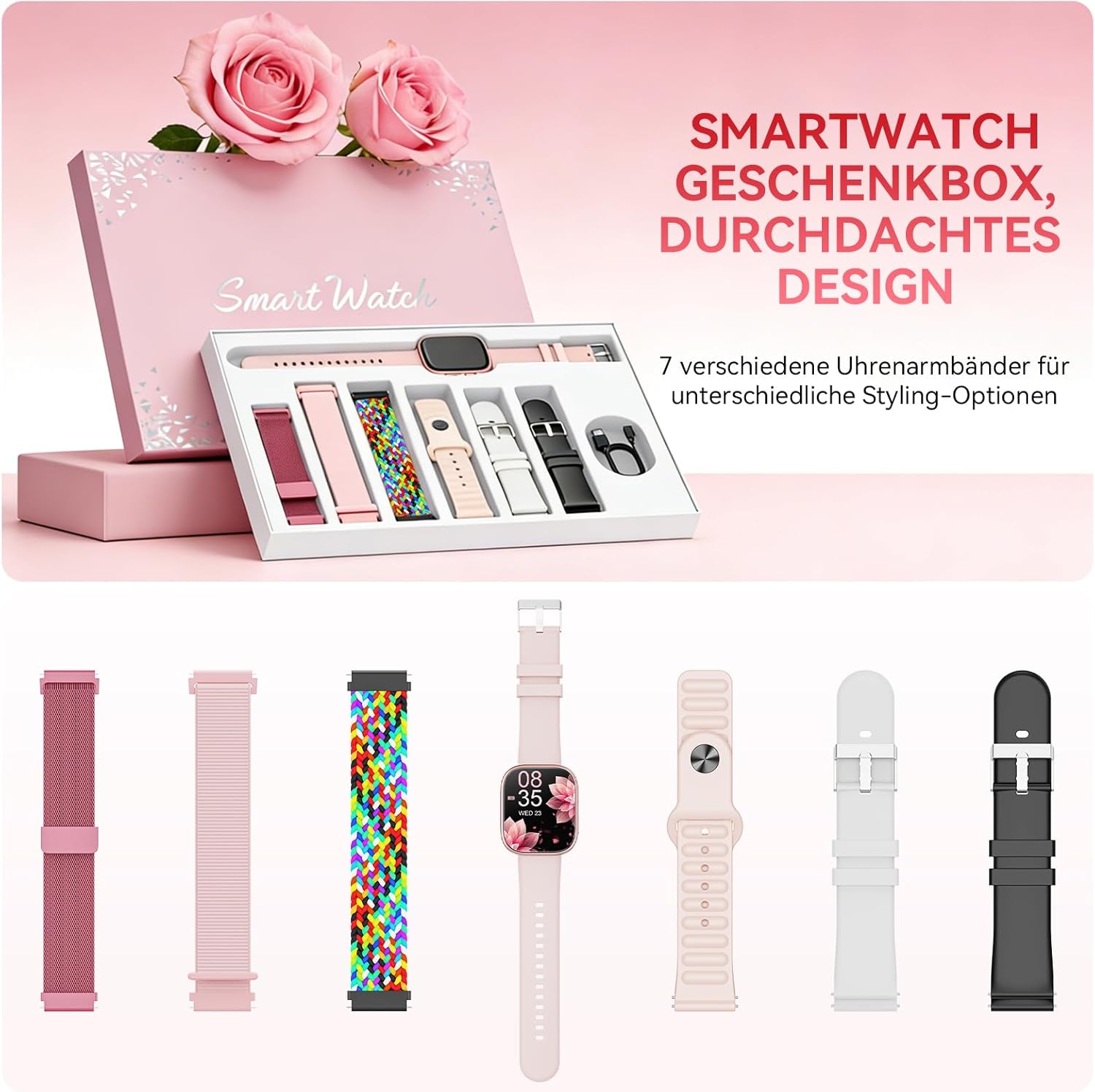 Smartwatch Damen Herren mit 7 Armbändern & Geschenkbox, 1.83" HD Smartwatch mit Bluetooth-Anruf, Fitness Tracker mit SpO2, Pulsmesser, Schlafmonitor, Schrittzähler, IP68 Wasserdicht, 100+ Sportmodi – Bild 2