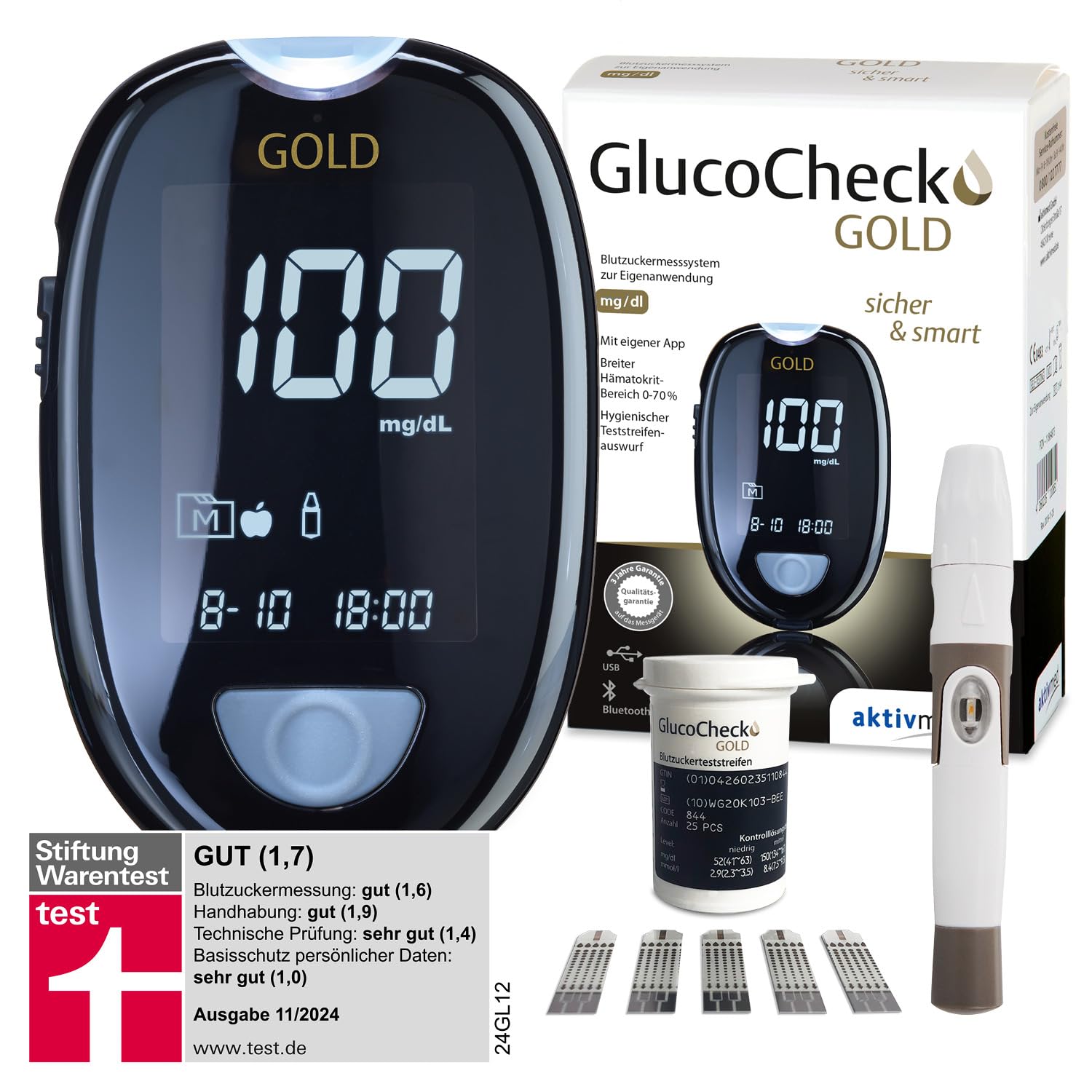 GlucoCheck Gold Blutzuckermessgerät-Set (mg/dL) mit 10 Blutzucker-Teststreifen, 10 Lanzetten, 1 Stechhilfe, 1 Etui, Starter-Set zur Blutzucker-Selbstkontrolle