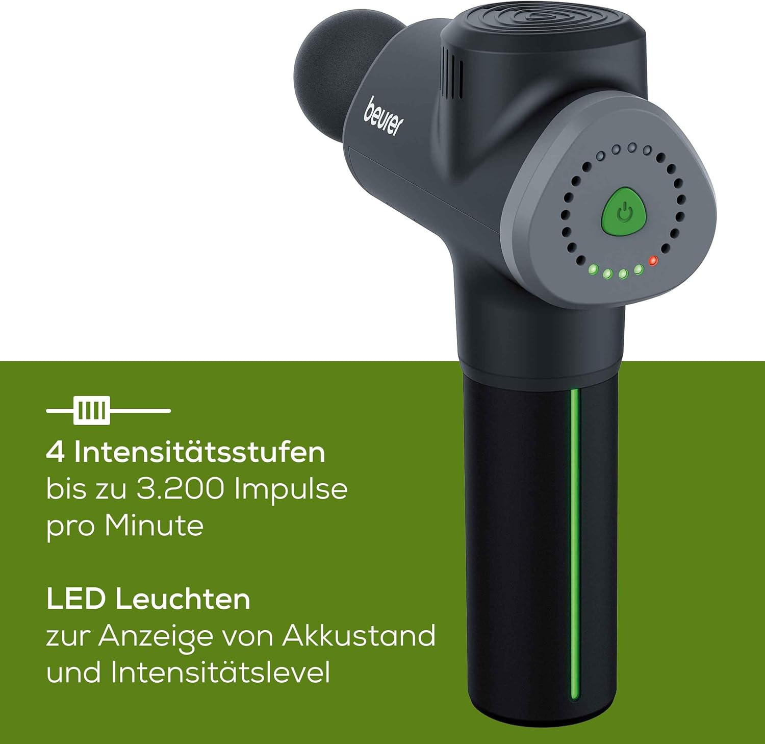 Beurer MG 180 Massagepistole, Massagepistole mit 6 Aufsätzen, 4 Intensitätsstufen für gezielte Muskelmassage, anwendbar für alle Muskelgruppen zur Aktivierung und Regeneration – Bild 3