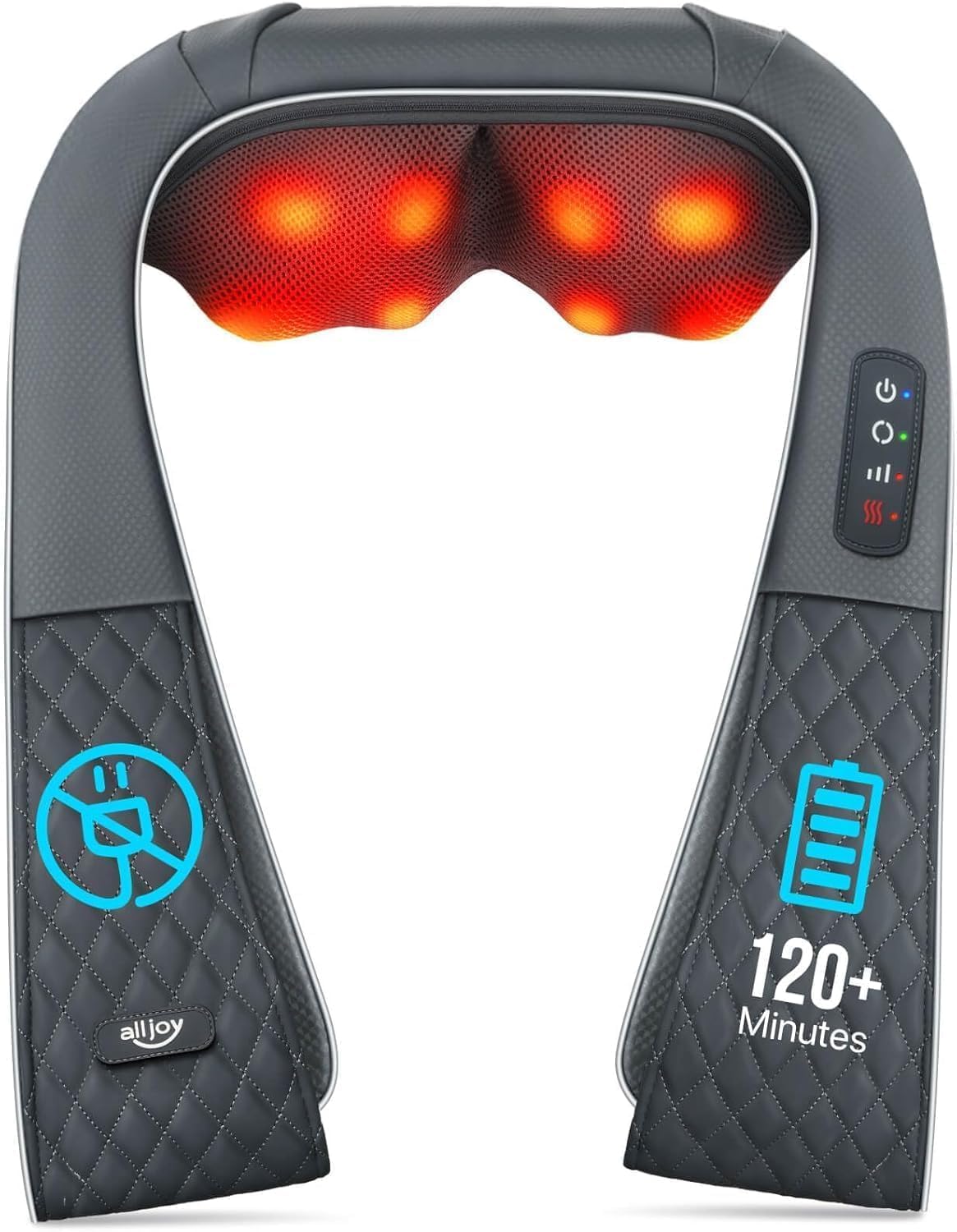ALLJOY Nackenmassagegerät mit Wärme, 2200 mAh Akku, kabellos, Massagegerät für Nacken, Schulter, Rücken, Shiatsu-Massage mit 20 Minuten Auto-Off & Tasche