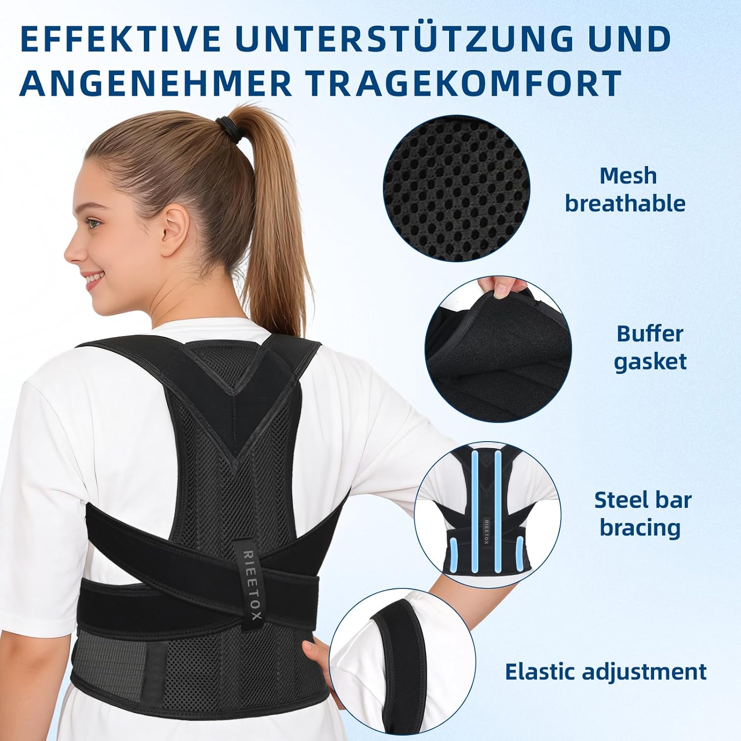 Rückenstützgürtel und Haltungskorrektur für Männer und Frauen – Glätteisen mit Schulterstrecker lindert Schmerzen im oberen Rücken – verstellbar, atmungsaktiv, perfekt für Alltag und Büro (mittel) – Bild 6