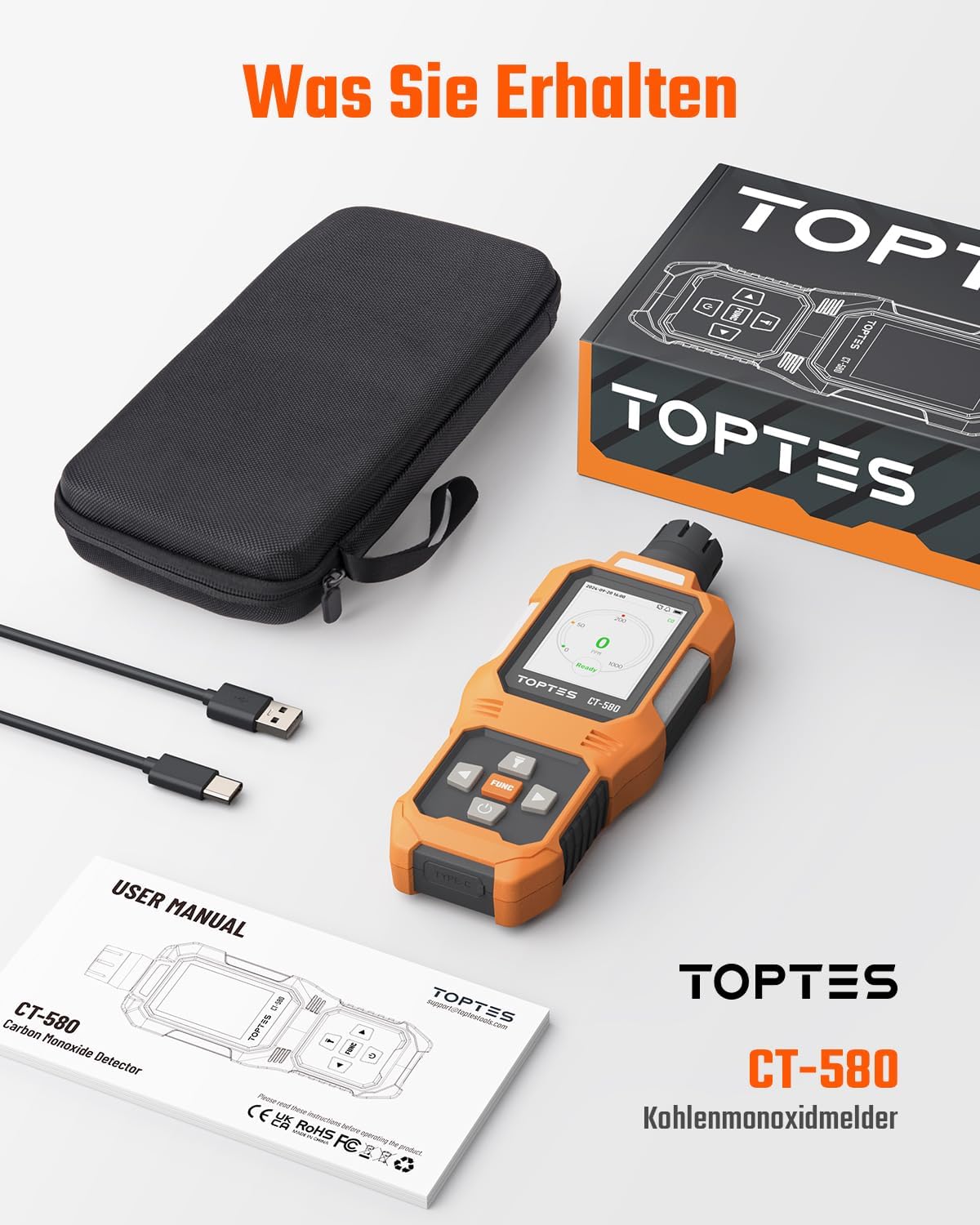 TOPTES CT-580 Kohlenmonoxidmelder, wiederaufladbarer CO-Melder mit Vibration, visuellen und akustischen Alarmen, tragbarer CO-Alarm, 0–1000 ppm, TFT-Farbdisplay für Zuhause, Auto, Camping und Reisen – Bild 8