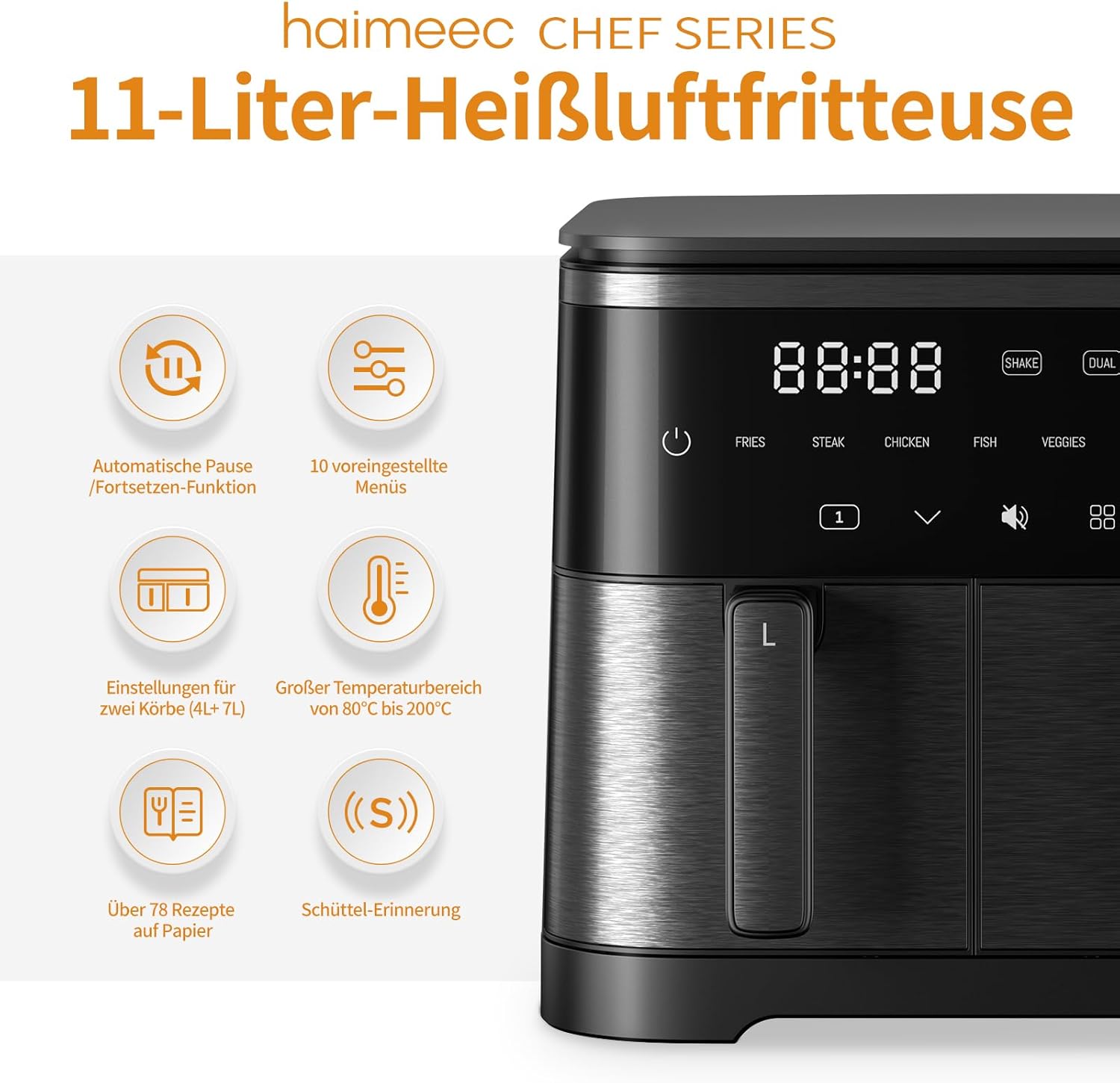 Digitaler Airfryer 11L, Heißluftfritteuse 2 Kammern mit Grillfunktion, 10-in-1, ölfreie Heißluftfritteuse mit Schüttelerinnerung – Bild 3