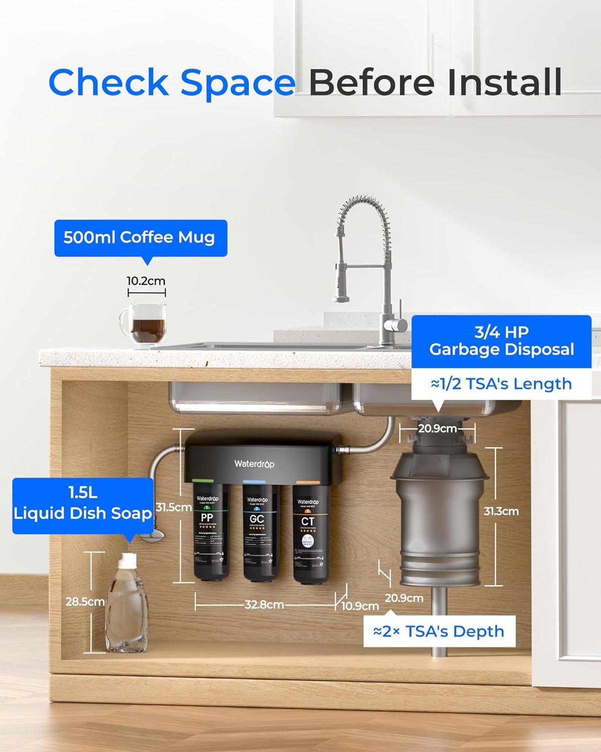 Waterdrop TSA Untertisch-Wasserfiltersystem, 3-stufiger 0,5-Mikron-Wasserfilter für Trinkwasser, NSF/ANSI 42-zertifiziert, entfernt 99,99 % Blei, Chlor, Chloramin, Fluorid, Gerüche, Direktanschluss – Bild 4