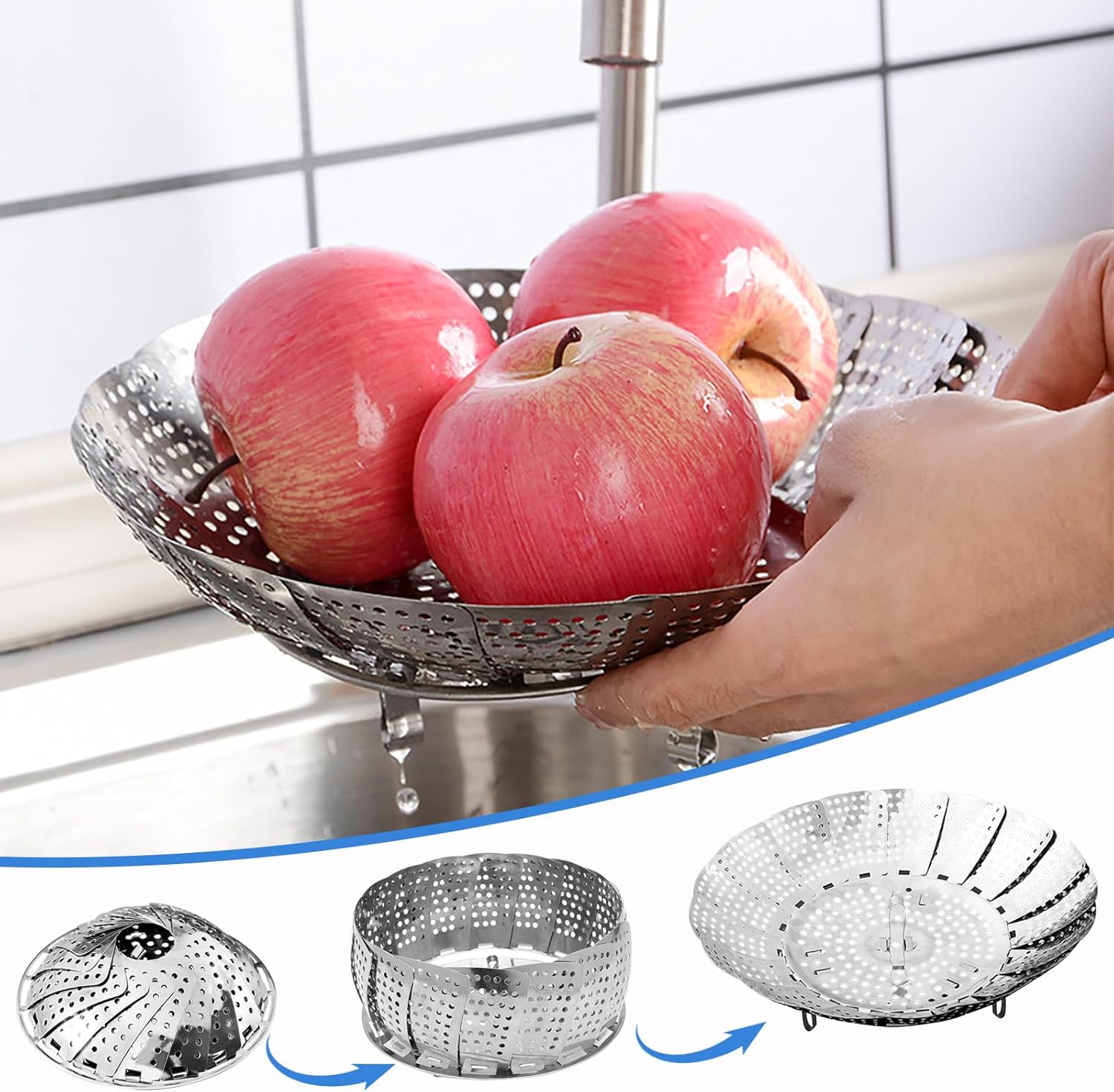 Dampfgareinsatz aus Edelstahl – Klappbarer Dampfgareinsatz für Töpfe 14-23 cm – Dampfeinsatz mit Öse für Gemüsedämpfer, Dampfgarer & Schnellkochtöpfe – Vielseitiger Dampfgartopf & Dampfgartopf – Bild 5