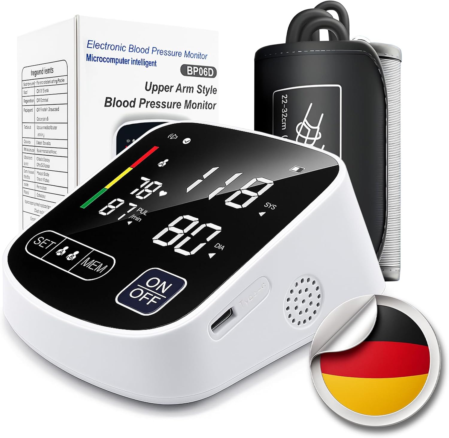 RoserRose Blutdruckmessgerät Oberarm digital, Blutdruckmessgerät mit deutscher Sprachausgabe, großes LED-Display, 2 x 99 Speicherplätze, Manschette 22-36 cm, AAA-Batterie/Typ-C-Ladekabel