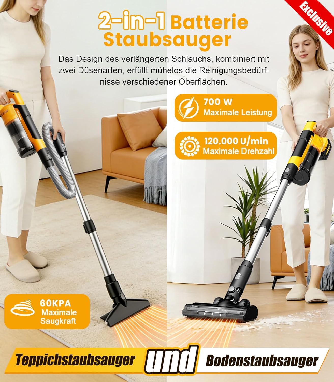 qimedo 8000mAh Akku Staubsauger mit 2 Akkus, 700W Saugkraft, 90 Zoll Verlängerungsrohr und 2L Staubbecher, 7-in-1 Stielstaubsauger Kabellos für Hartböden Teppiche Tierhaare Auto – Bild 2