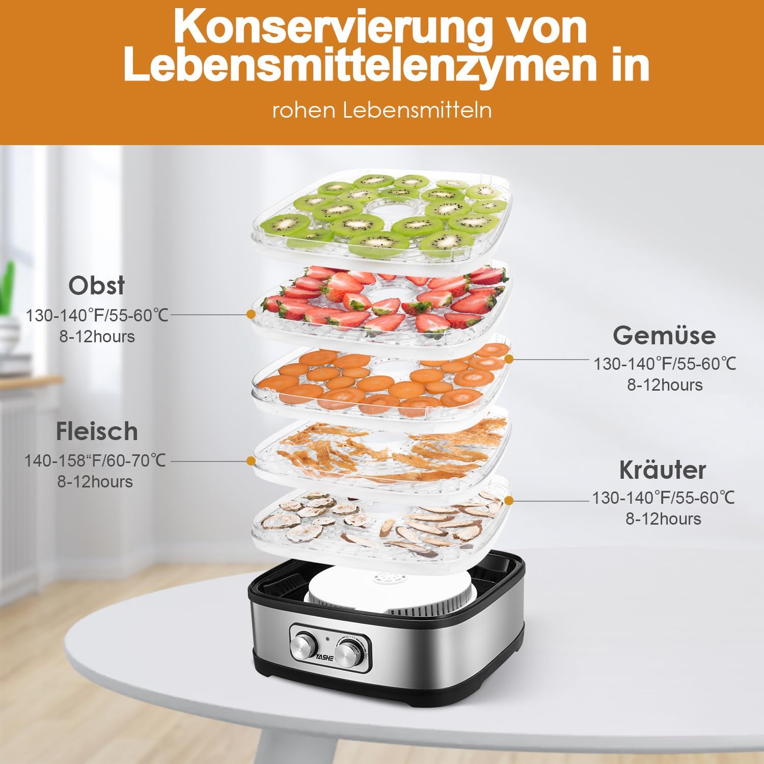 YASHE GGJ-261A Dörrgerät mit 5 höhenverstellbaren Tabletts, Temperaturregelung von 35–70 °C, 240 Watt Dörrgerät für Obst und Gemüse, BPA-frei, Silber, transparent, schwarz – Bild 4