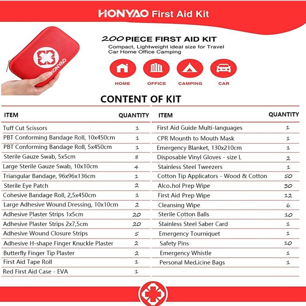 HONYAO Erste-Hilfe-Set, 200-teiliges medizinisches Survival-Kompaktset mit leichter Hartbox für Auto, Motorrad, Zuhause, Arbeitsplatz, Outdoor, Camping, Wandern, Notfall – Bild 4