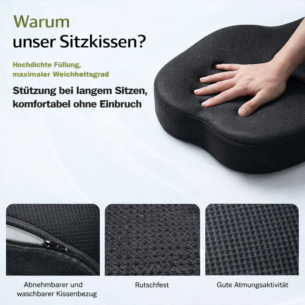 Sitzkissen, ergonomisches orthopädisches Memory-Schaum-Stuhlkissen mit U-förmiger Steißbeinentlastung, druckentlastend für Bürostuhl, Auto, Rollstuhl, Zuhause, rutschfest, waschbar, Schwarz – Bild 5