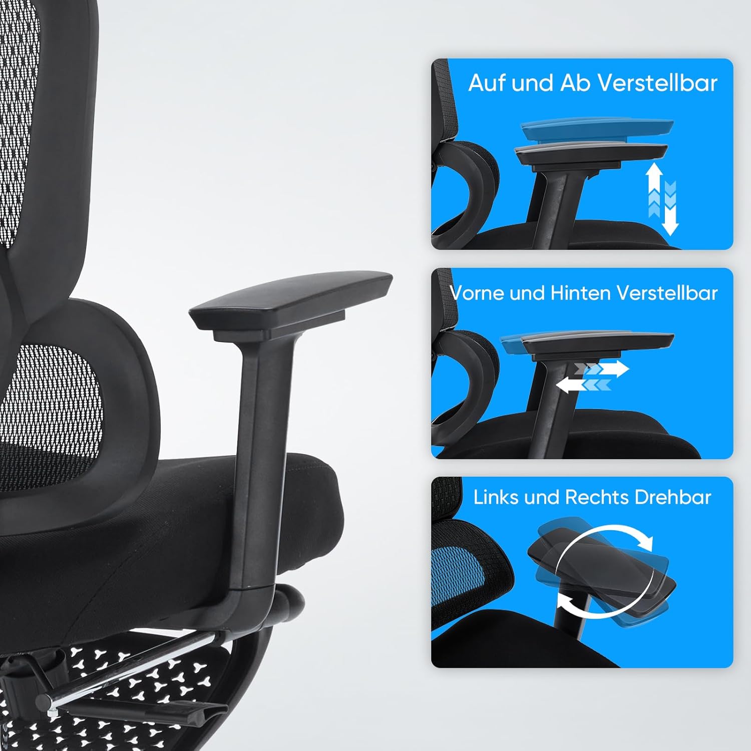 Ergonomischer Bürostuhl, Netz-Schreibtischstuhl mit Kopfstütze, Fußstütze und 3D-Armlehnen, höhenverstellbarer ergonomischer Bürostuhl, Bürostuhl mit 150 kg Tragkraft, Schwarz – Bild 7