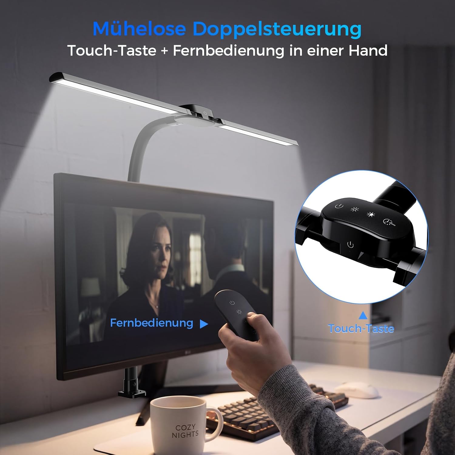 Schreibtischlampe LED Dimmbar - 1400LM 24W Doppelkopf Klemmbar Büroschreibtischlampe mit Fernbedienung, 80CM Schwanenhals Schreibtisch Lampe Tageslichtlampe mit Ladefunktion, Schwarz T01 – Bild 6