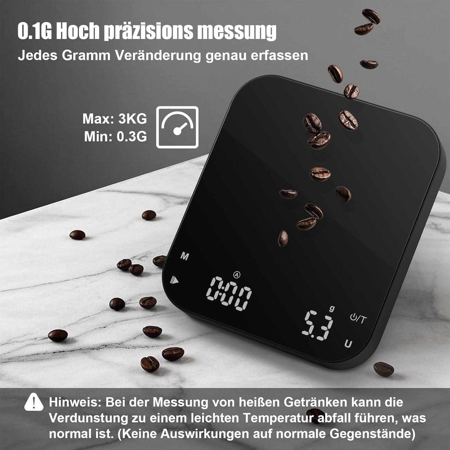 Diyife Kaffeewaage mit Timer, 3 kg/0,1 g wiederaufladbare Espressowaage mit HD-LCD-Display, Tara-Funktion, automatisch, tragbar, präzise Kaffeewaage für Espresso, Übergießen – Bild 4