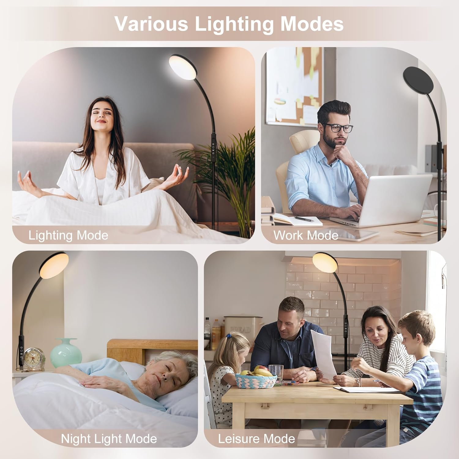 Mojimdo Stehlampe 20000 Lux Tageslichtlampe – Flexible, dimmbare LED-Lichttherapielampe mit 5 Farben, 10 Helligkeitsstufen und Timer – Ideal für Schlafzimmer, Wohnzimmer und Büro – Schwarz – Bild 6