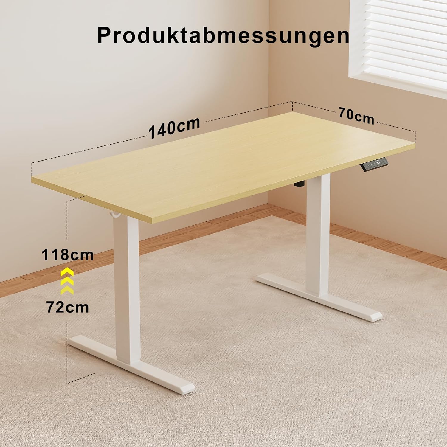 WALKINGDESK Ganze Tischplatte, höhenverstellbarer Schreibtisch, elektrischer 140 x 70 cm Computertisch, Stehsitztisch mit einteiliger Tischplatte, Stehpult mit 4 Memory-Funktionen, Eiche – Bild 3