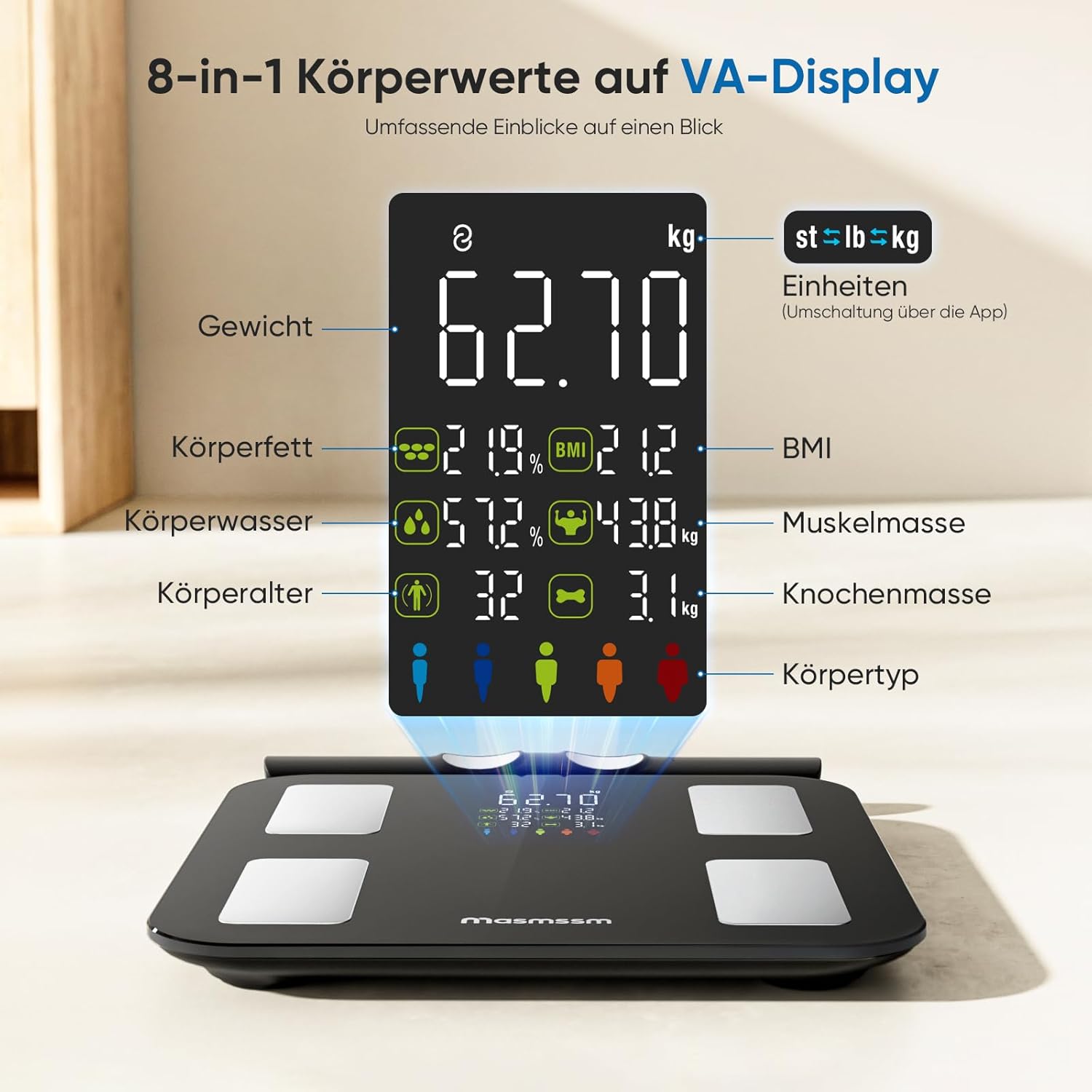 Personenwaage, Körperfettwaage, intelligente Personenwaage, digital, 28 Messwerte, 8 Elektroden, Dual-Frequenz-BIA-Körperwaage, VA-Display, Körperwaage, digital, Bluetooth, kompatibel mit iOS/Android, 180 kg/400 lbs – Bild 2