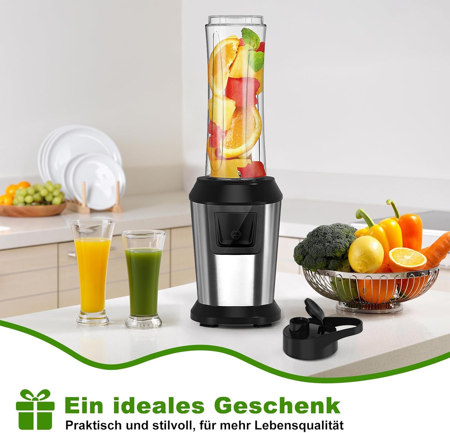 Mixer, Smoothie Maker, 500 W Standmixer to Go mit 2 x 600 ml Smoothie-Flaschen, BPA-freies Tritan, tragbarer Mixer Smoothie Maker aus Edelstahl, 4 Blätter für Shake, Smoothie und Babynahrung, Silber – Bild 7
