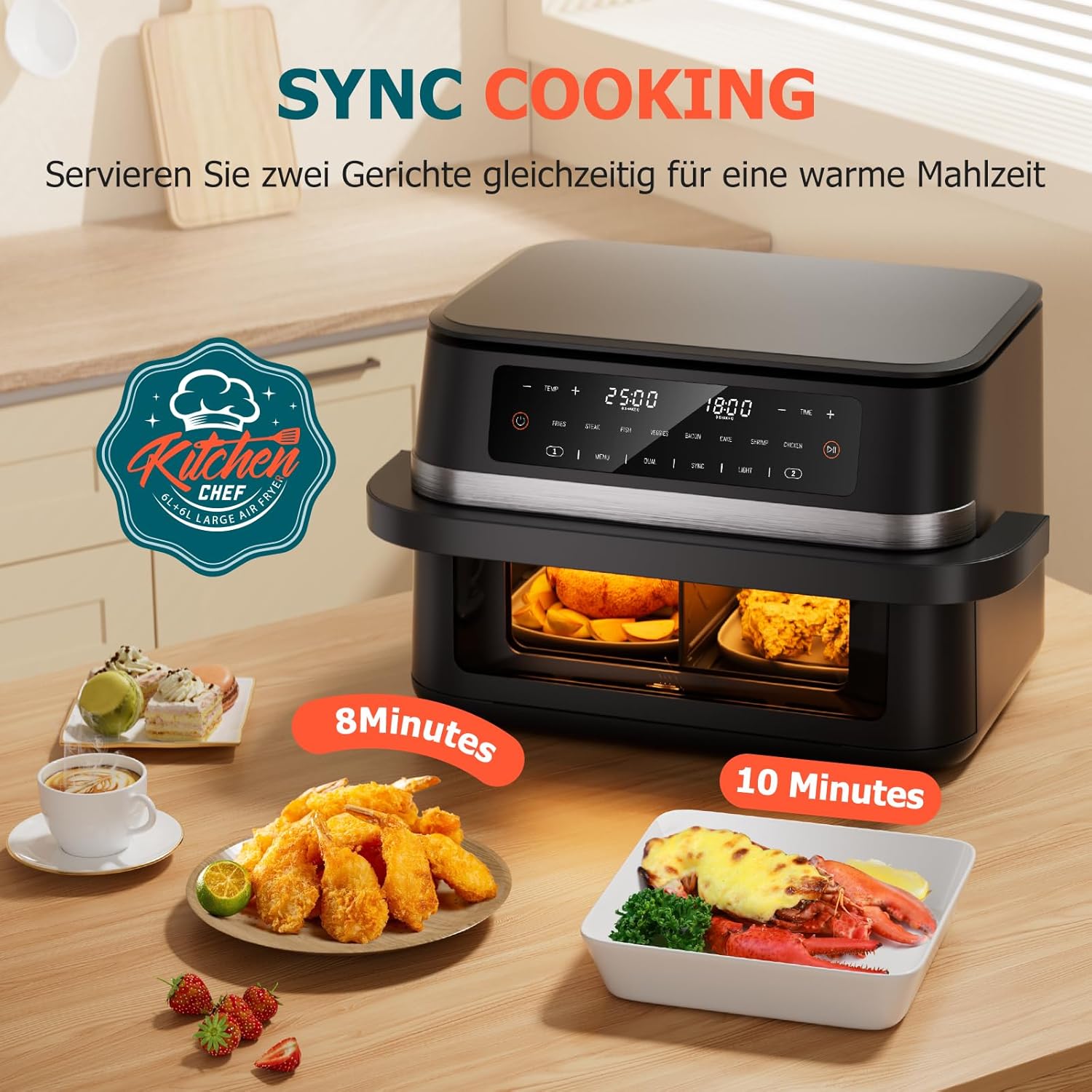 Heißluftfritteuse mit Sichtfenster, 12 l Fassungsvermögen, XXXL verstellbarer Airfryer, 10-in-1 voreingestellte Programme, Touchscreen, intelligente Synchronisation und Timer, energiesparend, Fritteuse ohne Öl – Bild 5