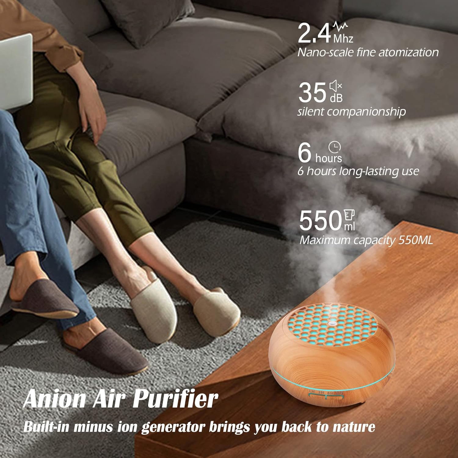 Simpeak Aroma Diffuser 550 ml, Ultraschall-Raumdiffusor Holz für ätherische Öle, Aromatherapie-Düfte, Luftbefeuchter mit Fernbedienung, Hellbraun – Bild 4