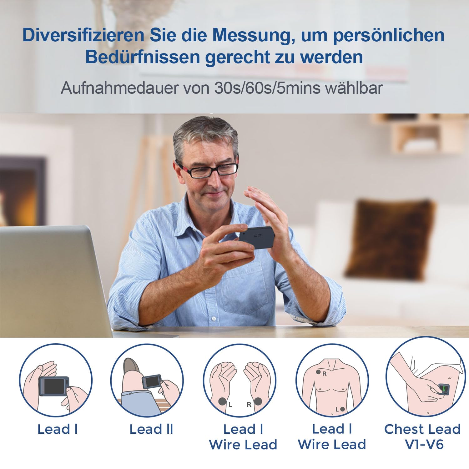 CheckMe EKG-Gerät für Zuhause, 30s/60s/5min Bluetooth-EKG-Monitor mit EKG-Analysebericht, kompatibel mit iOS & Android, Mac & Windows, Multi-User-Datenverwaltung – Bild 4