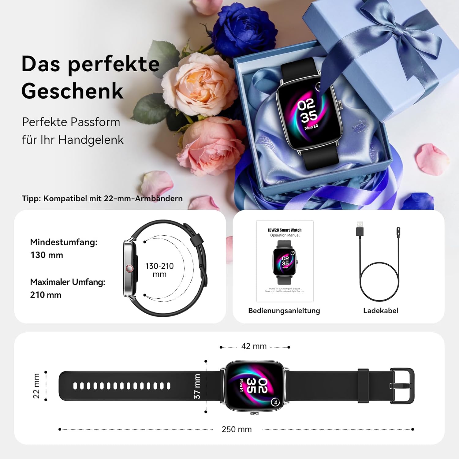 Smartwatch Herren Damen 1,85 Zoll Smartwatch mit Telefonfunktion, Fitnessuhr mit Herzfrequenzmesser, Schlafmonitor, SpO2, 110+ Sportmodi, Schrittzähleruhr, IP68 wasserdichte Sportuhr für Samsung/iPhone/Android – Bild 10