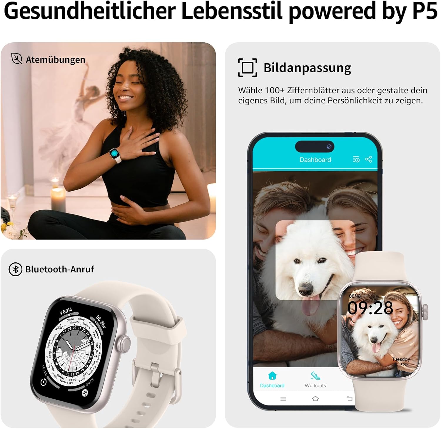 Smartwatch Damen Herren 1,85 Zoll HD Touch Fitnessuhr mit Telefonfunktion, 140+ Sportmodi Smartwatch Fitness Tracker mit Herzfrequenzmesser Schlafmonitor Schrittzähler IP68 wasserdichte Sportuhr – Bild 6
