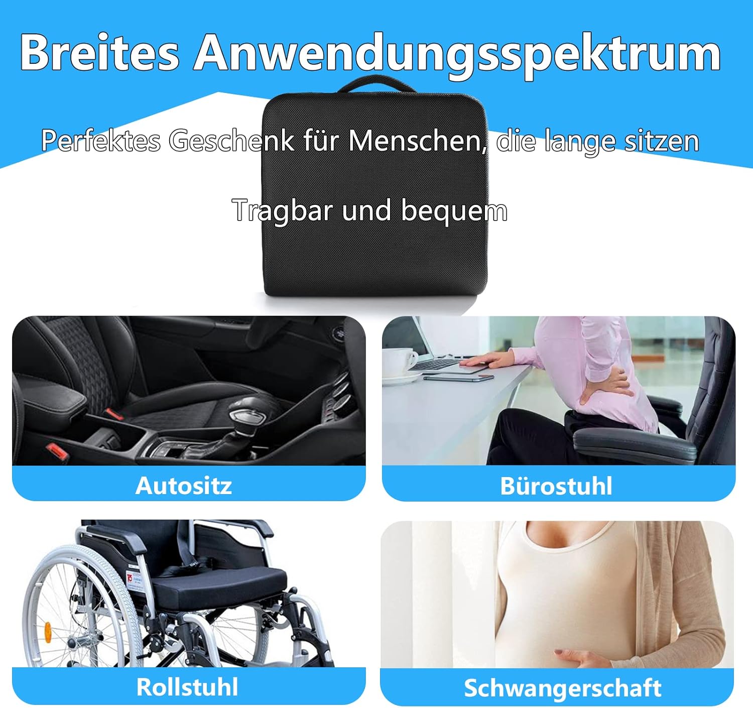 YOUFI Großes Sitzkissen, 10,5 cm, dicker Memory-Schaum für Bürostuhl, mit Kühlgel für Ischias, Steißbein, Rücken, dickes Kissen, 48 x 45 x 10,5 cm (schwarz) – Bild 7