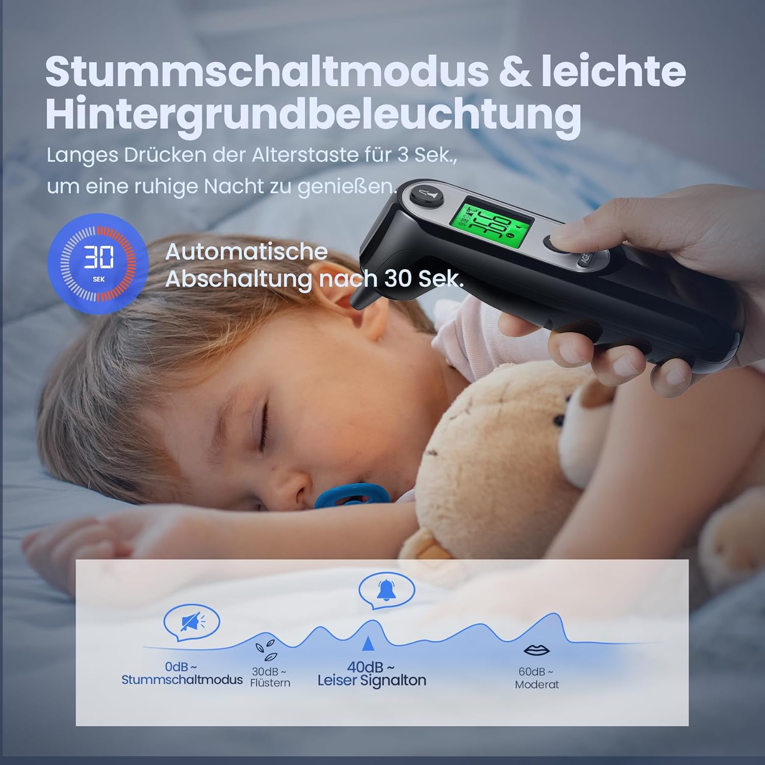 Ohrthermometer für Babys Erwachsene, Ohrenfieberthermometer mit Altersmessung und farbcodierter Temperaturanzeige, digitales Infrarot-Thermometer mit 21 x Einweg-Schutzkappen (schwarz) – Bild 5