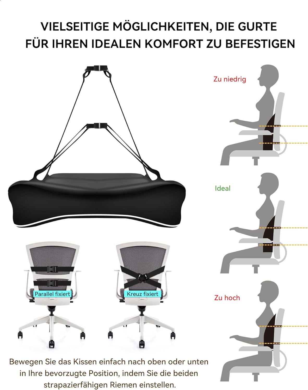 Travel Ease Ergonomisches Memory Foam Rückenkissen, Lendenkissen für Bürostuhl, Schreibtischstuhl, mit antistatischem, hautfreundlichem Bezug und für eine bequeme Sitzhaltung (Schwarz) – Bild 6