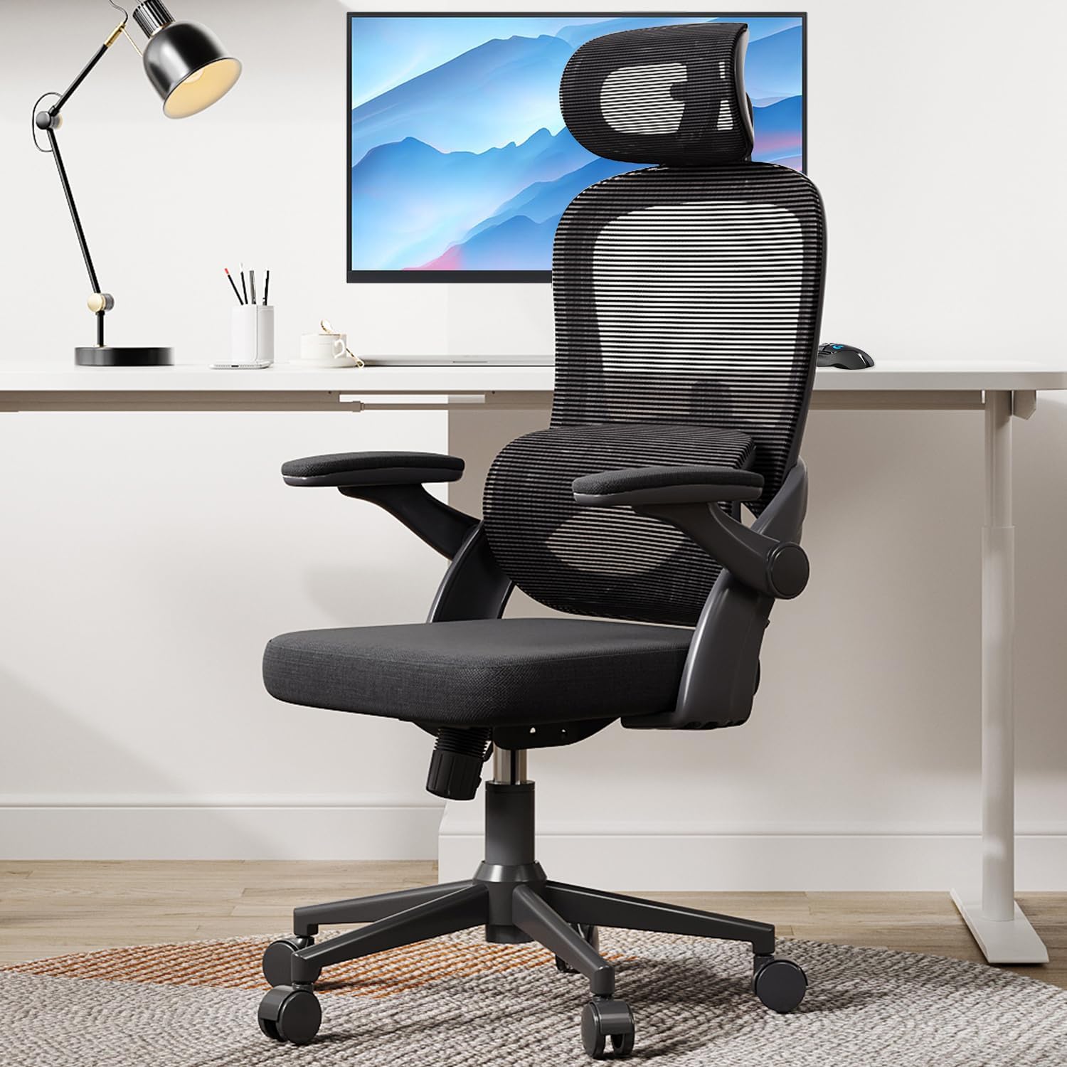 SIHOO M102C Ergonomischer Bürostuhl aus Netzstoff, Schreibtischstuhl mit hoher Rückenlehne, 3D-Armlehnen, Auf- und Ab-Lendenwirbelstütze, drehbarer Computer-Arbeitsstuhl, Schwarz – Bild 2