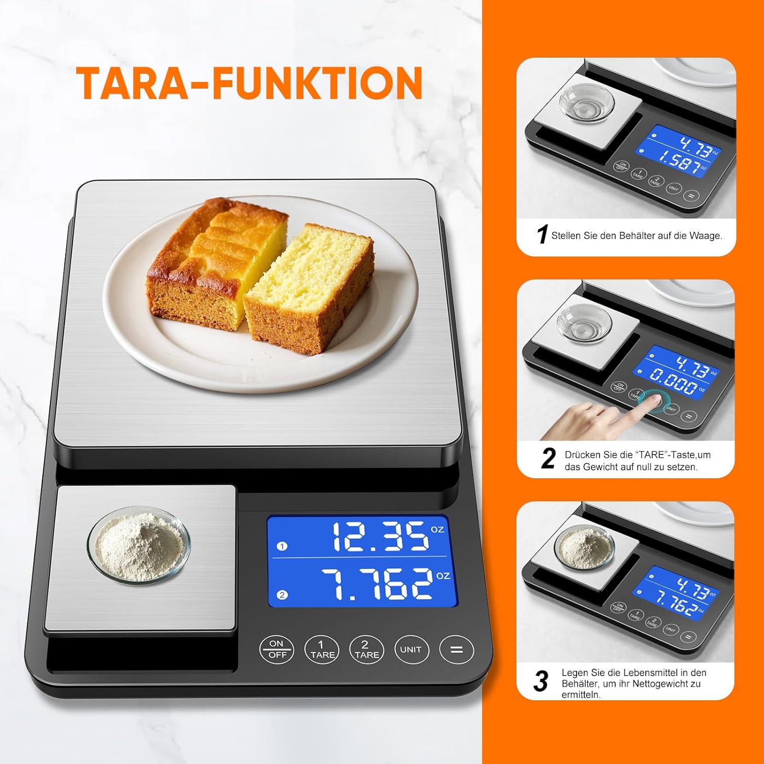 Digitale Küchenwaage mit LCD-Display und Tara-Funktion, präzise 1-g-Messung zum Backen und Kochen, Silber – Bild 5