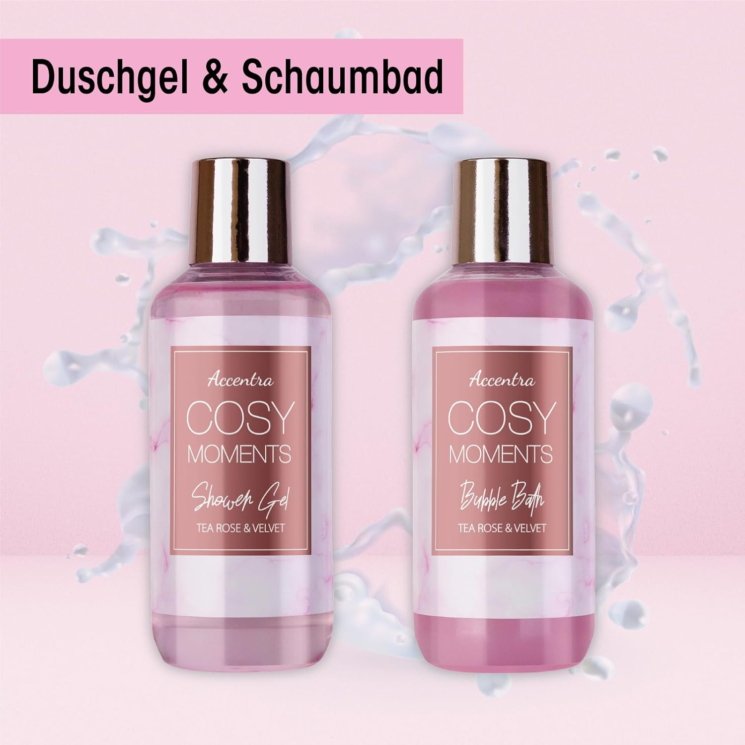 Accentra Cozy Moments Badeset, Geschenkset für Frauen mit 150 ml Duschgel, 150 ml Schaumbad, 150 g Badesalz, 90 g Badebombe, 60 ml Handcreme, 30 g Seife und 15 g Netzschwamm in glänzender Badewanne – Bild 5
