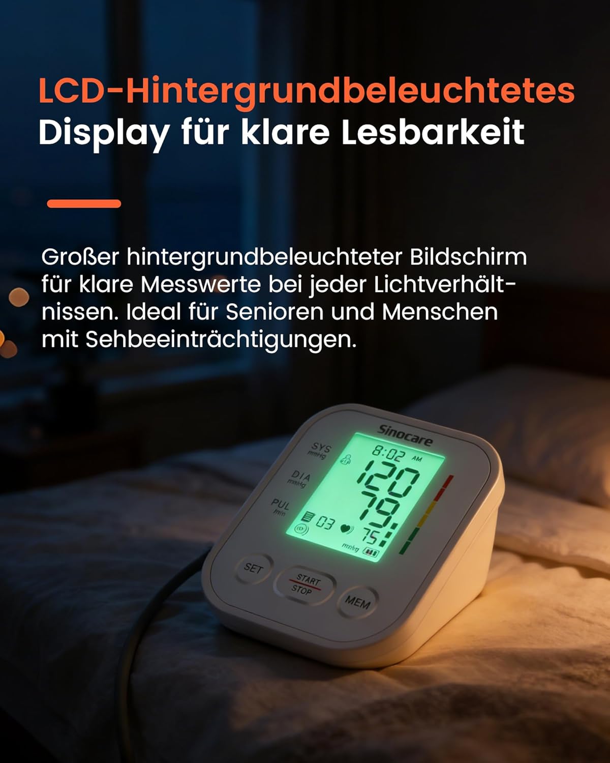 Blutdruckmessgerät Oberarm mit 4-Farben-Display mit Hintergrundbeleuchtung, Vollautomatisches Blutdruckmessgerät für Zuhause, Blutdruckmessgerät Große Manschette, sinocare Blutdruckmessgerät – Bild 4