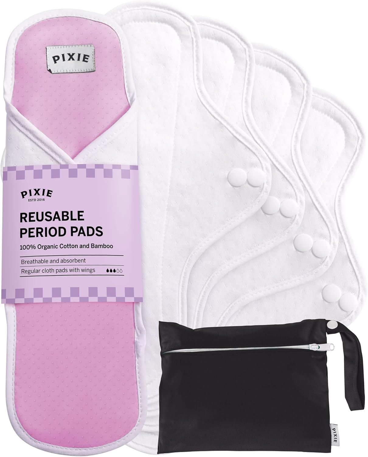 Pixie Baumwoll-Stoffeinlagen, 100 % wiederverwendbare Bio-Baumwolle, Platz 1 für weichste Menstruationseinlagen, maschinenwaschbar, inklusive Nassbeutel (normal, 5er-Pack)