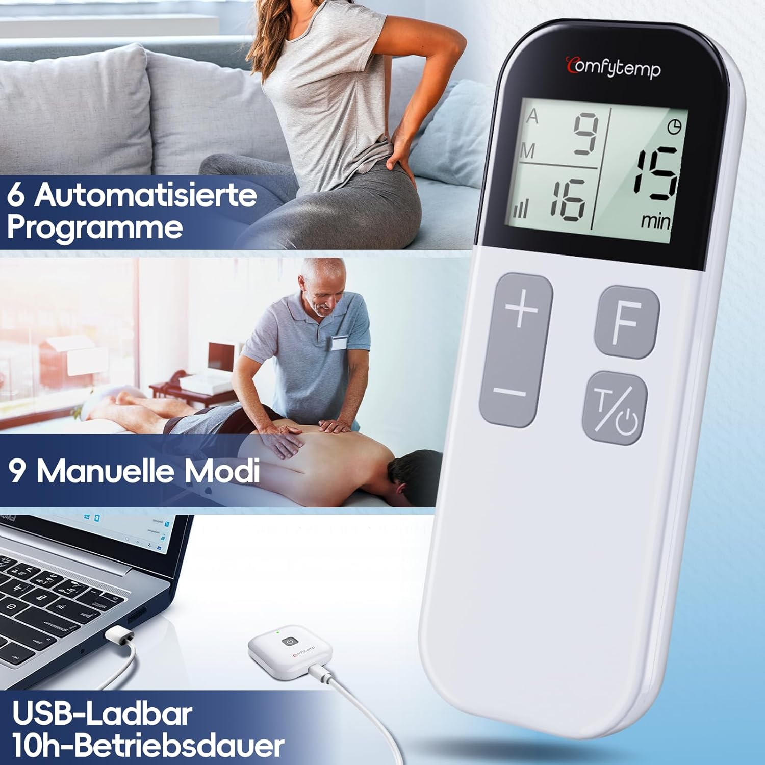 Comfytemp TENS K6101 Kabelloses tragbares Schmerztherapie-Massagegerät mit 15 Programmen und 16 Intensitätsstufen für Bein-Rücken-Schulter-Arm-Muskelstimulator mit 2 Pads – Bild 6