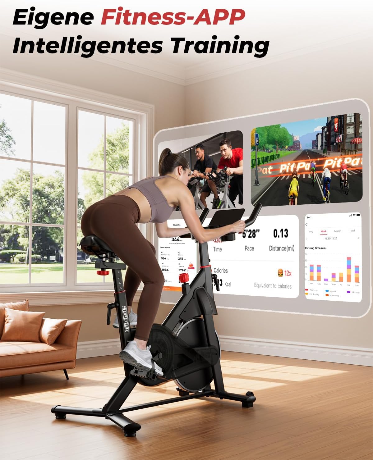Heimtrainer mit App, Superun Ergometer Spinning Bike Indoor mit einstellbarem Widerstand, magnetischer Widerstand stationär, 15 kg Schwungrad, extrem leise für Cardio-Training zu Hause – Bild 2