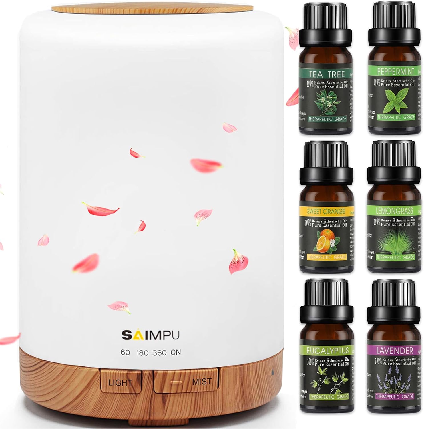 Aromadiffusor, 300 ml Luftbefeuchter mit 6 x 10 ml Set ätherischer Öle, leiser Ultraschall-Duftöldiffusor, wasserlose automatische Abschaltung, 7 Farben LED-Öldiffusor, Aromatherapie für Zimmer, Büro, Yoga, Spa