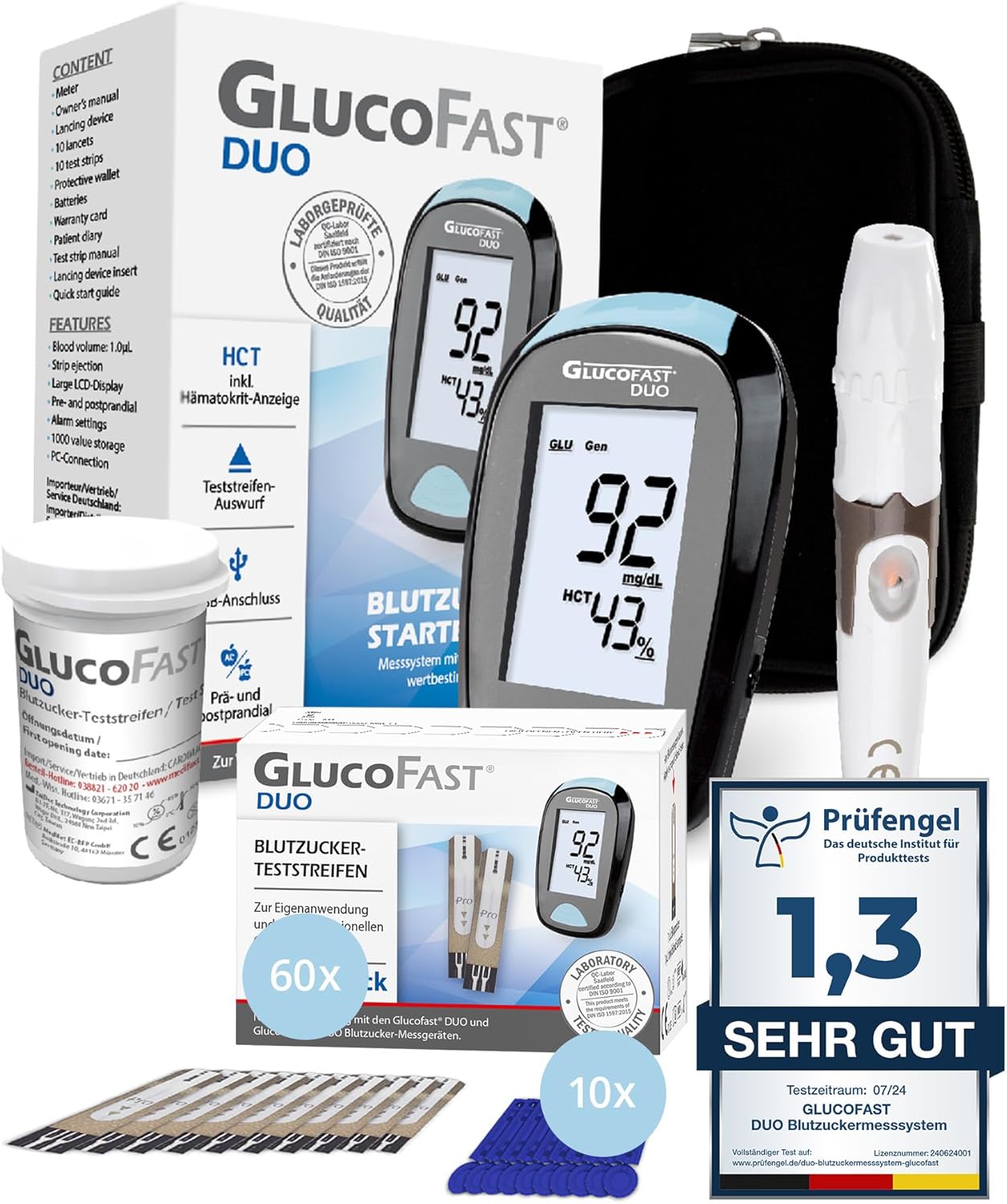 Duo Blutzuckermessgerät (mg/dL) Set mit 60 Teststreifen und 10 Lanzetten | Zertifiziertes Diabetes-Messsystem mit hoher Genauigkeit | Einfach zu bedienen