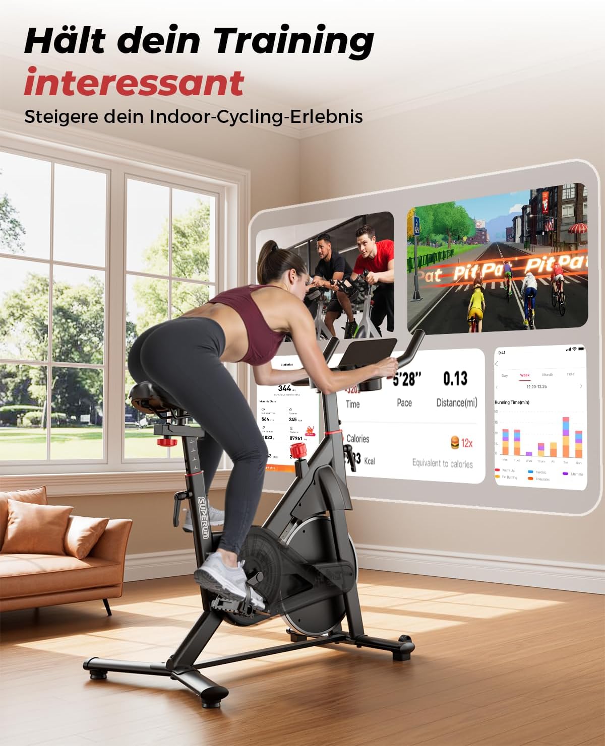 Heimtrainer mit App, Superun Ergometer Spinning Bike Indoor mit einstellbarem Widerstand, magnetischer Widerstand stationär, 15 kg Schwungrad, extrem leise für Cardio-Training zu Hause – Bild 2