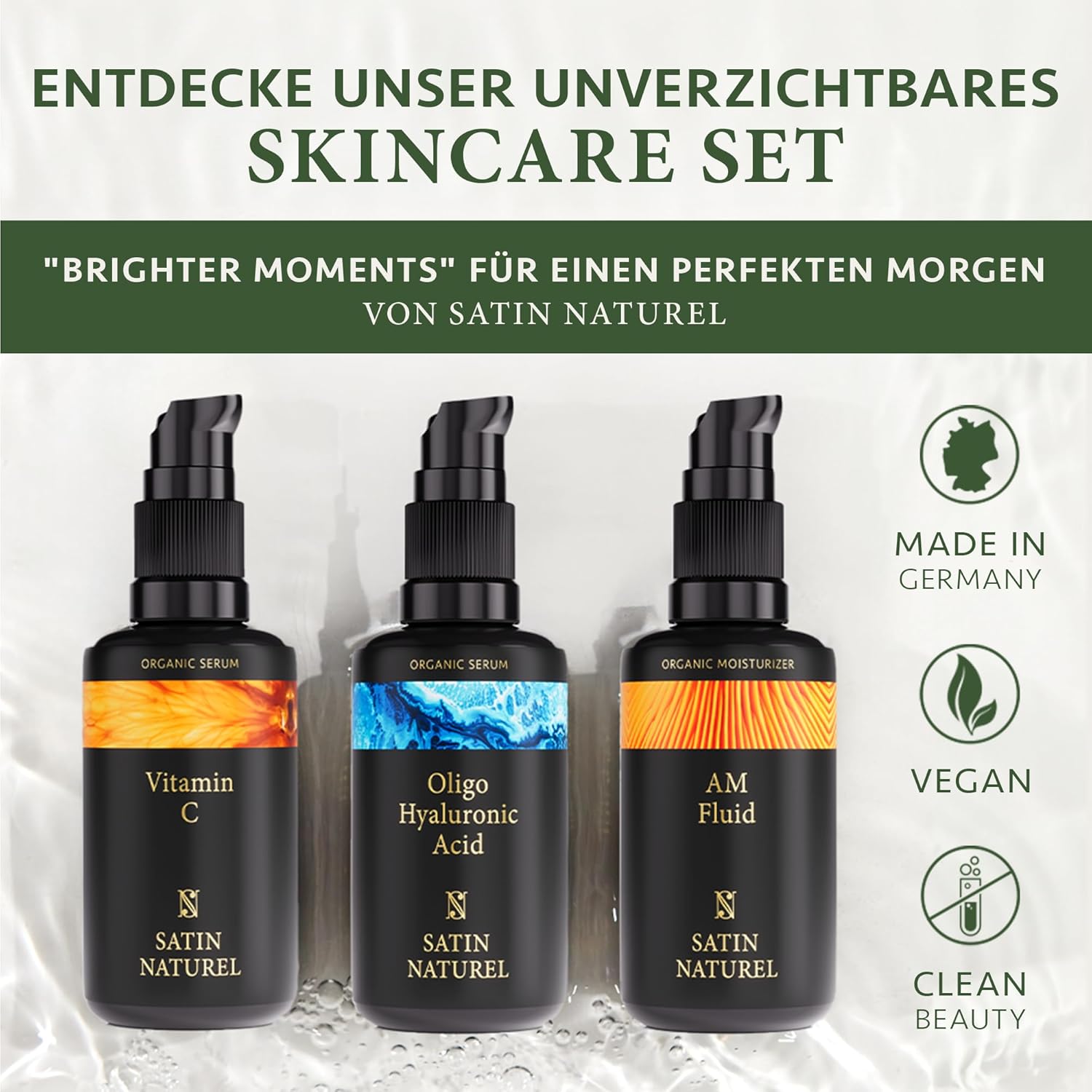 Satin Naturel Geschenkset für Damen – 3 x 30 ml Wellness Beauty Set mit Vitamin C Serum, Hyaluron Serum & Beauty Fluid mit Ceramiden auf Bio-Aloe Vera – Bild 2