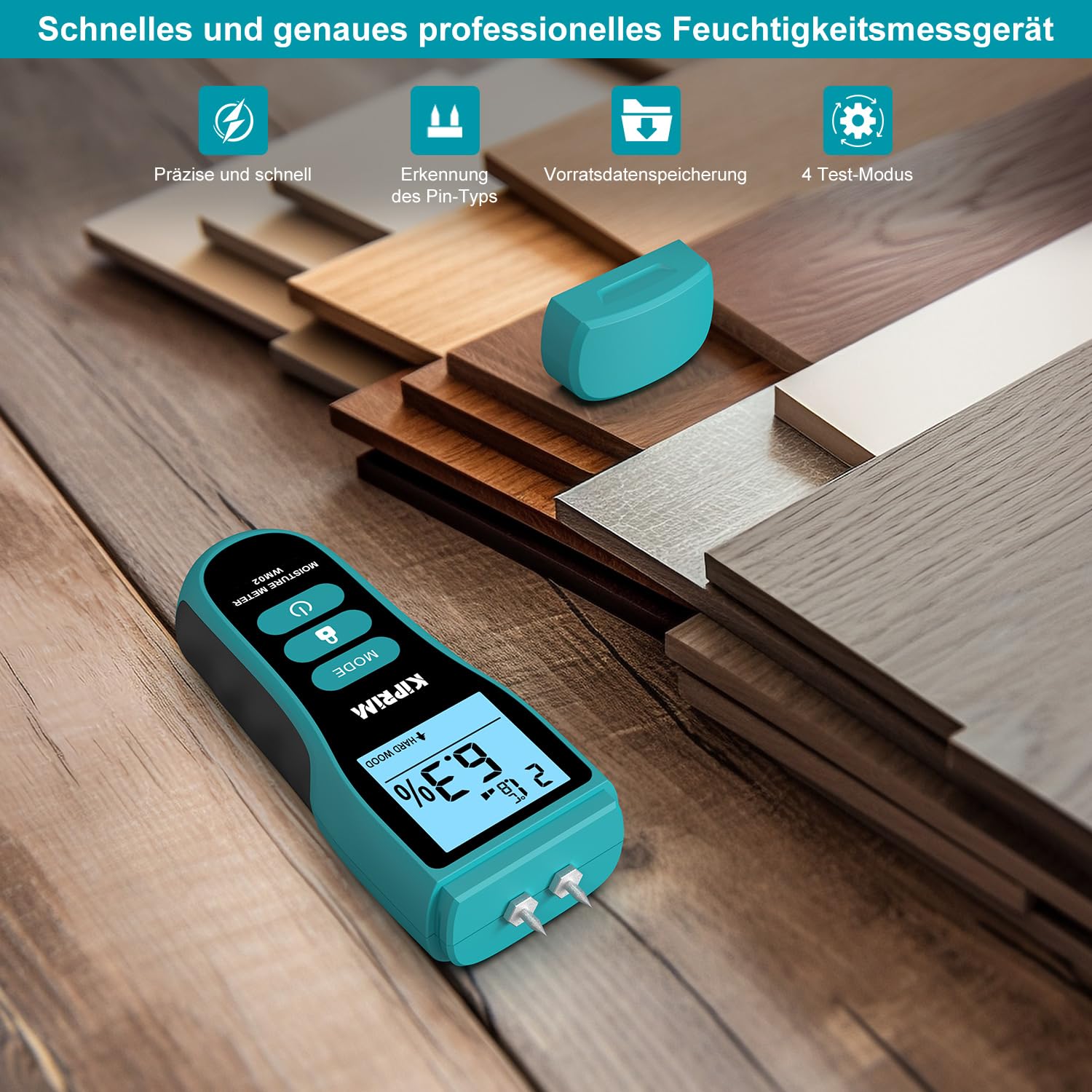 Kiprim Feuchtigkeitsmessgerät mit Stiften für Holz, Wand, Beton, Karton – Digitales Holzfeuchtemessgerät mit LCD, Temperaturanzeige (°C/°F), Haltefunktion, 4 Modi, Ersatzsonden WM02 – Bild 7